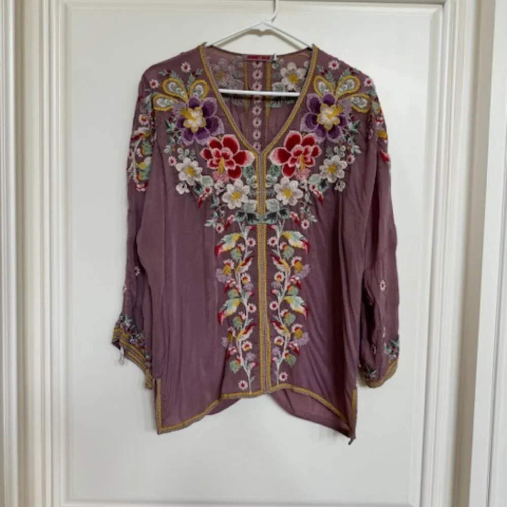 Johnny Was Floral Embroidered Blouse Adjustable Sleeves - Picture 1 of 2